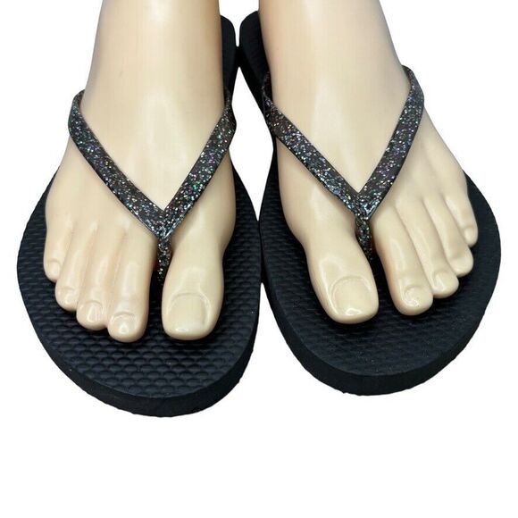 Old Navy Black Black Glitter Slip On Flip Flop Sandal Womens Size 7 M - Picture 3 of 10
